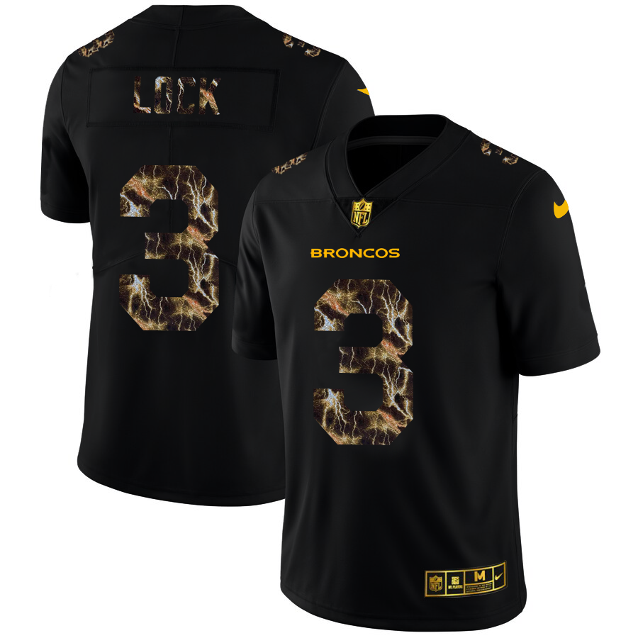 2020 Denver Broncos #3 Drew Lock Men Black Nike Flocked Lightning Vapor Limited NFL Jersey